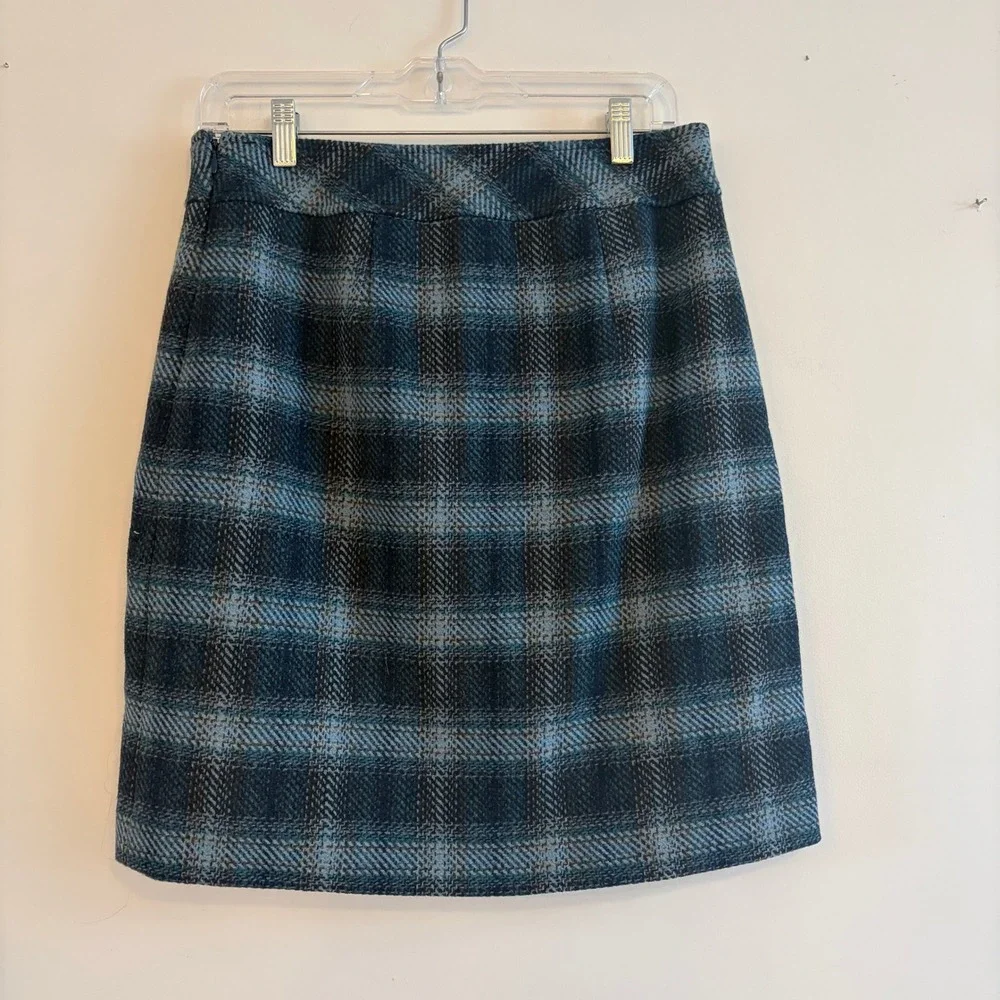 NWT Talbots Teal Black Plaid Wool Blend Knee Length Skirt Tweed‎ Textured Size 2
